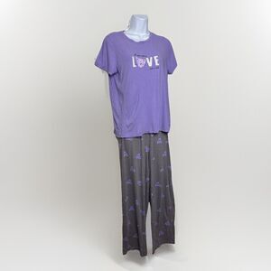 HUE Large Cat Graphic Pajama Set Purple Top Grey Pants Comfy Sleepwear L